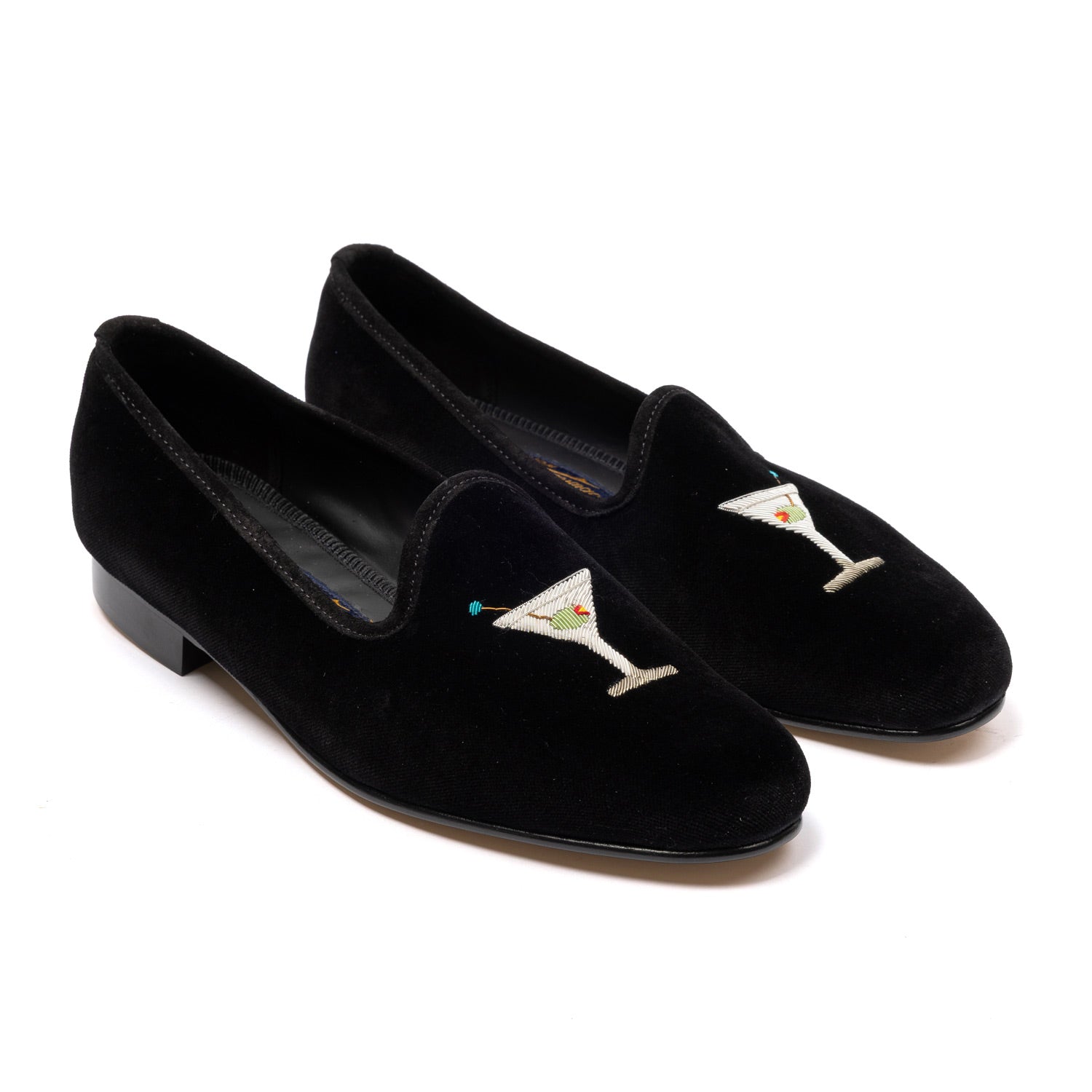 Black Venetian Velvet Slipper "Martini Cocktail" with Leather Sole